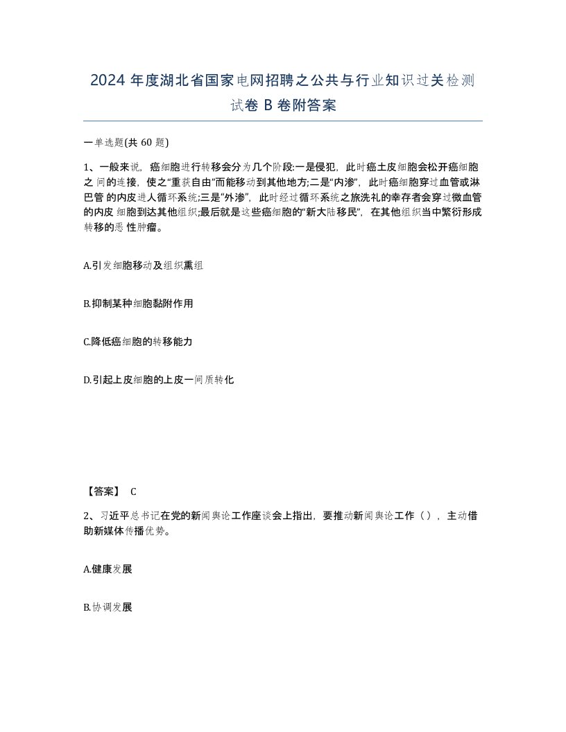 2024年度湖北省国家电网招聘之公共与行业知识过关检测试卷B卷附答案