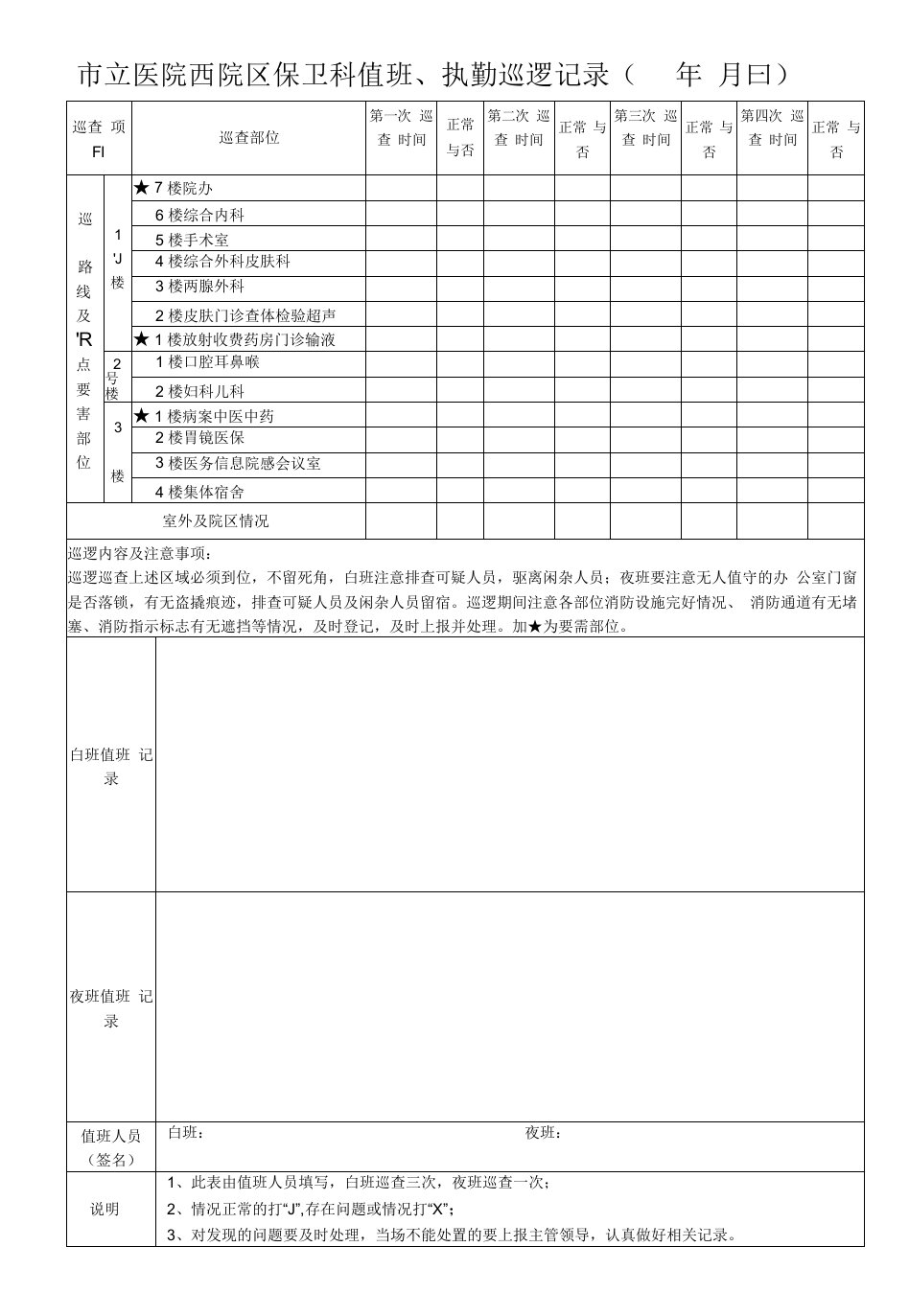 西院区保卫科执勤巡逻记录