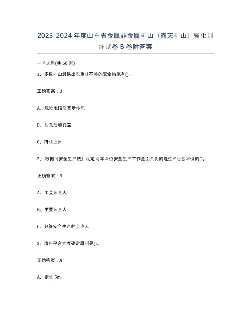 2023-2024年度山东省金属非金属矿山露天矿山强化训练试卷B卷附答案