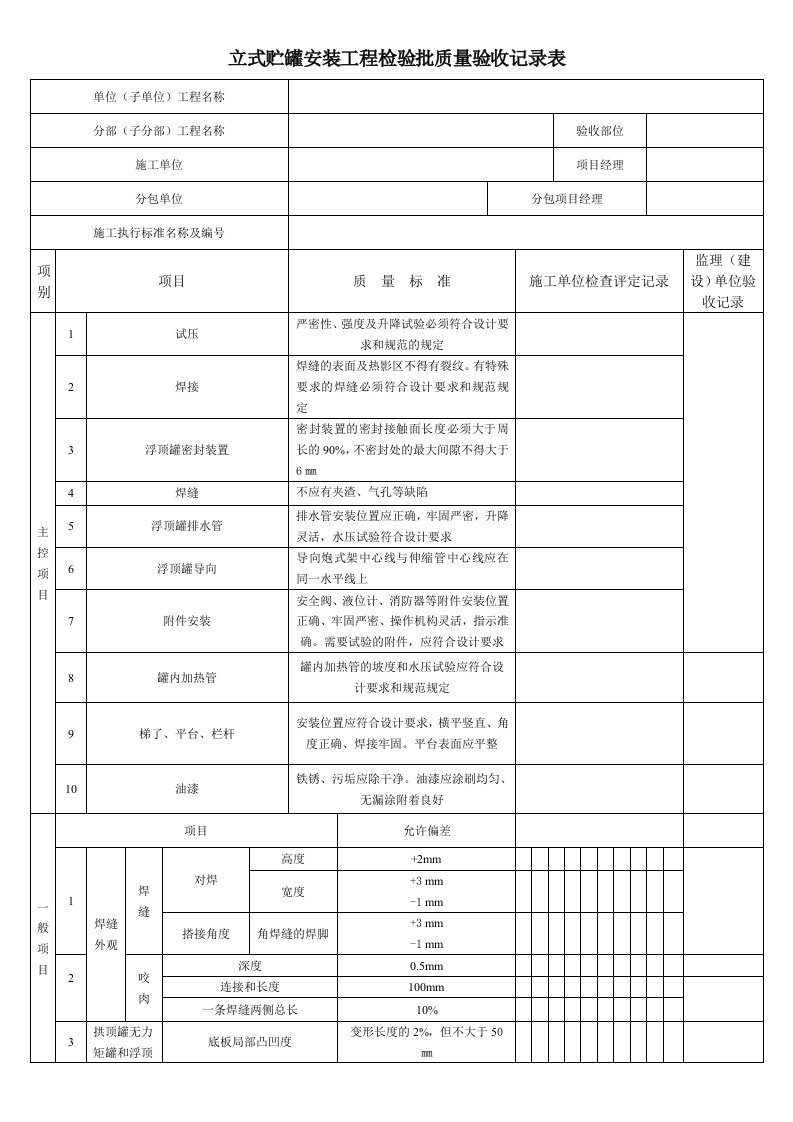 立式贮罐安装工程检验批质量验收记录表