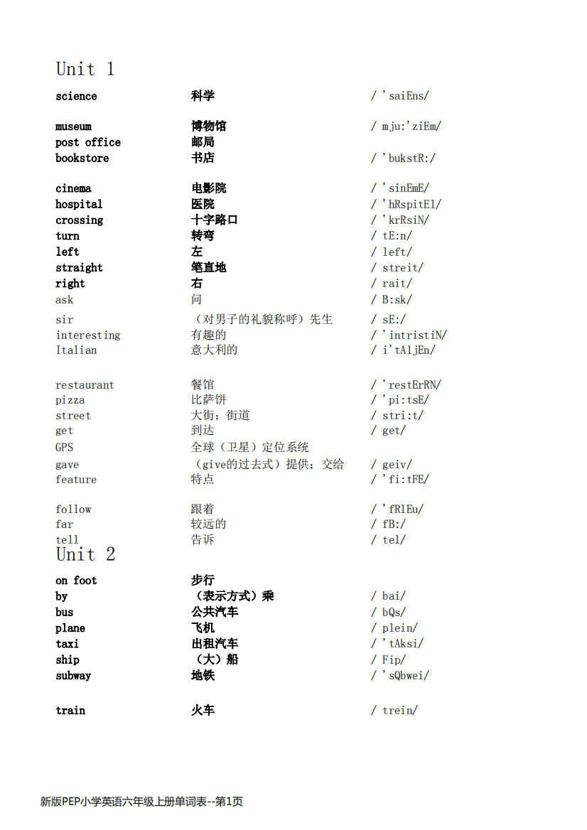 新版PEP小学英语六年级上册单词表