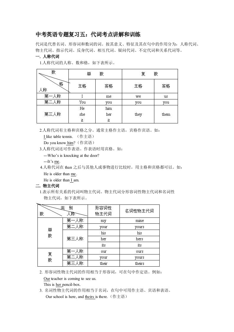 中考英语专题复习五代词数词