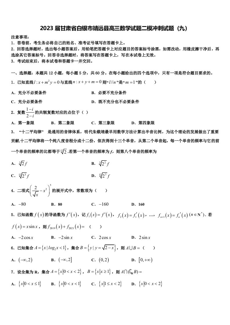 2023届甘肃省白银市靖远县高三数学试题二模冲刺试题（九）含解析