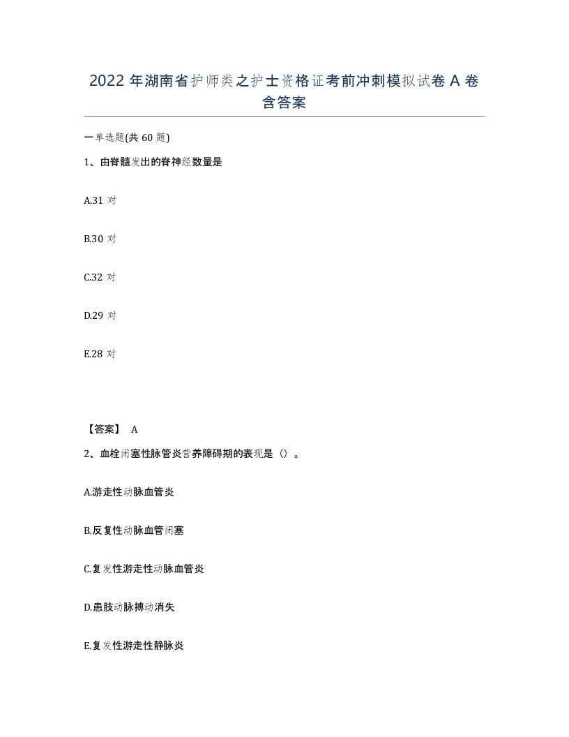 2022年湖南省护师类之护士资格证考前冲刺模拟试卷A卷含答案