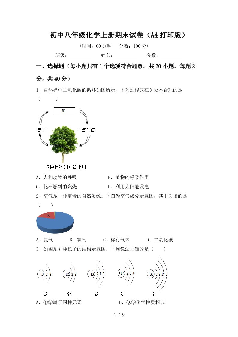 初中八年级化学上册期末试卷A4打印版