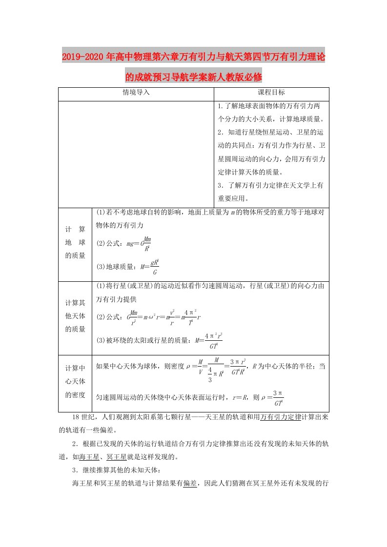 2019-2020年高中物理第六章万有引力与航天第四节万有引力理论的成就预习导航学案新人教版必修