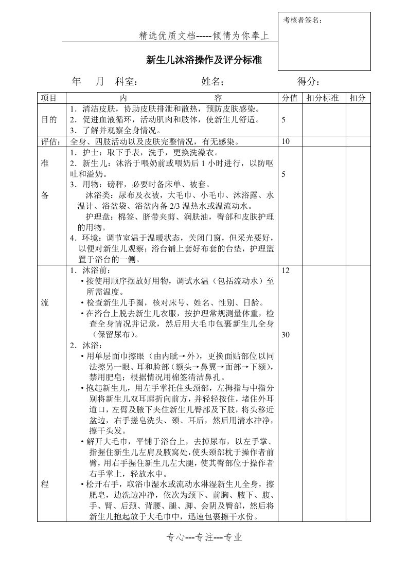 新生儿沐浴操作及评分标准(共2页)