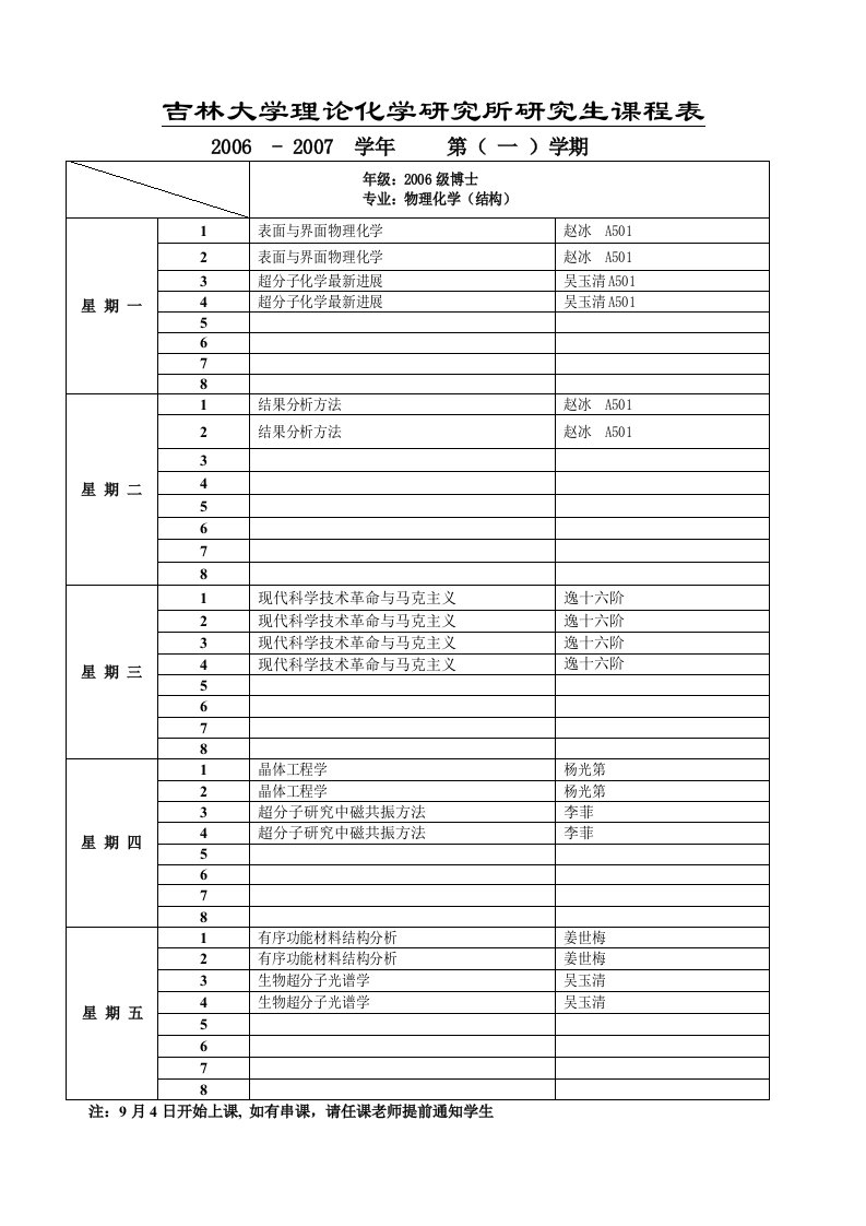 吉林大学理论化学研究所研究生课程表