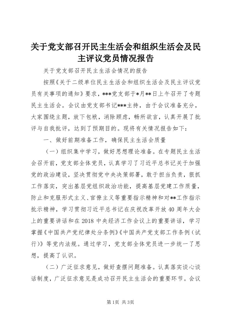 3关于党支部召开民主生活会和组织生活会及民主评议党员情况报告