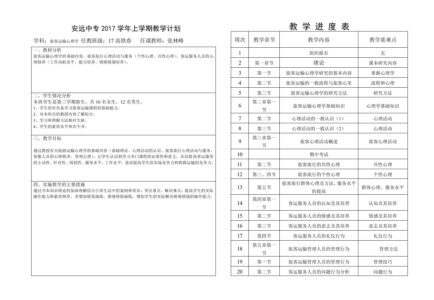 2018学年第一学《旅客运输心理学》期教学规划