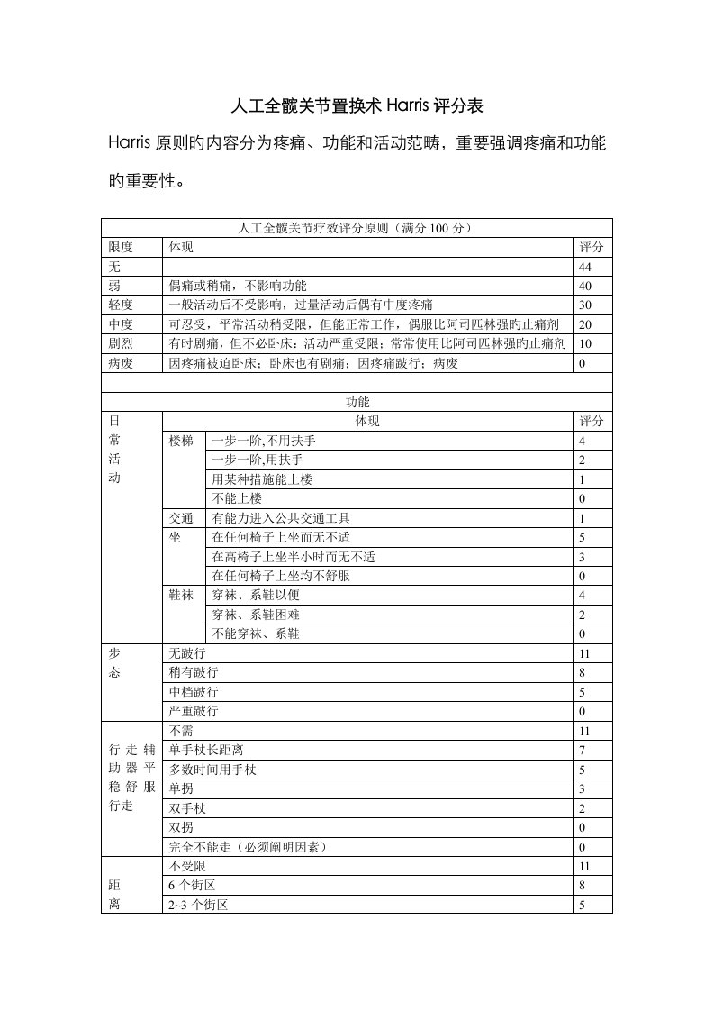 人工全髋关节置换术评分表