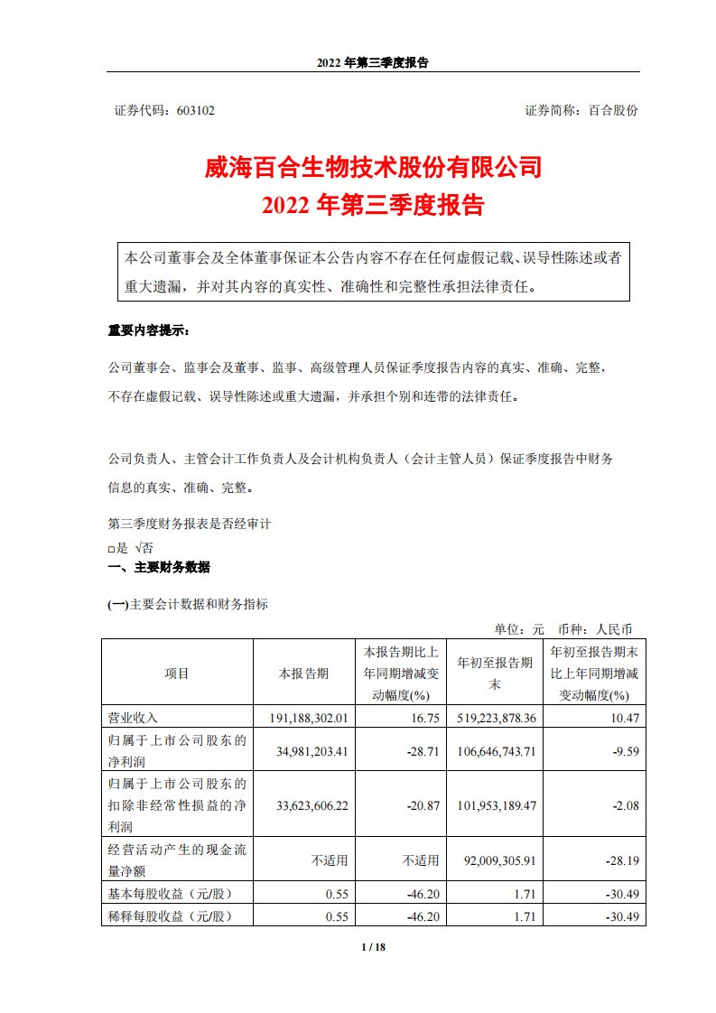 上交所-威海百合生物技术股份有限公司2022年第三季度报告-20221024