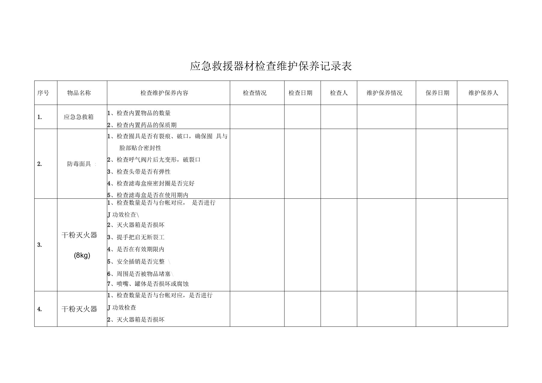 应急救援器材检查维护保养记录表