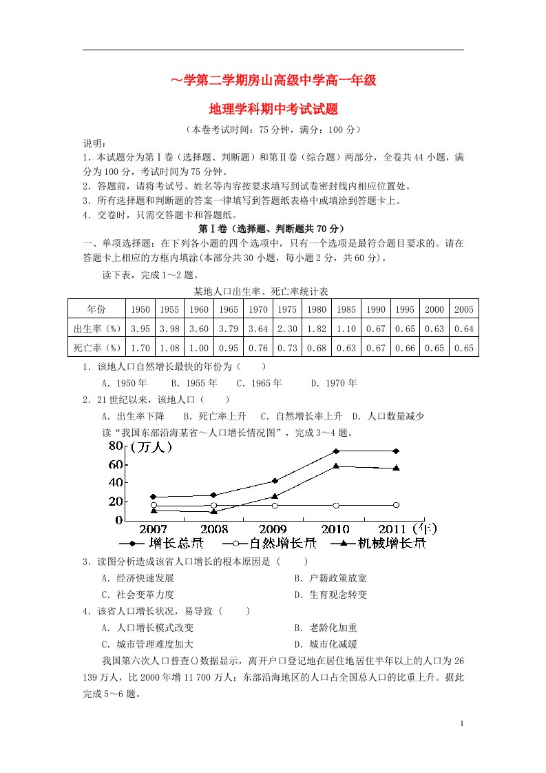 江苏省连云港东海县房山高级中学高一地理下学期期中试题