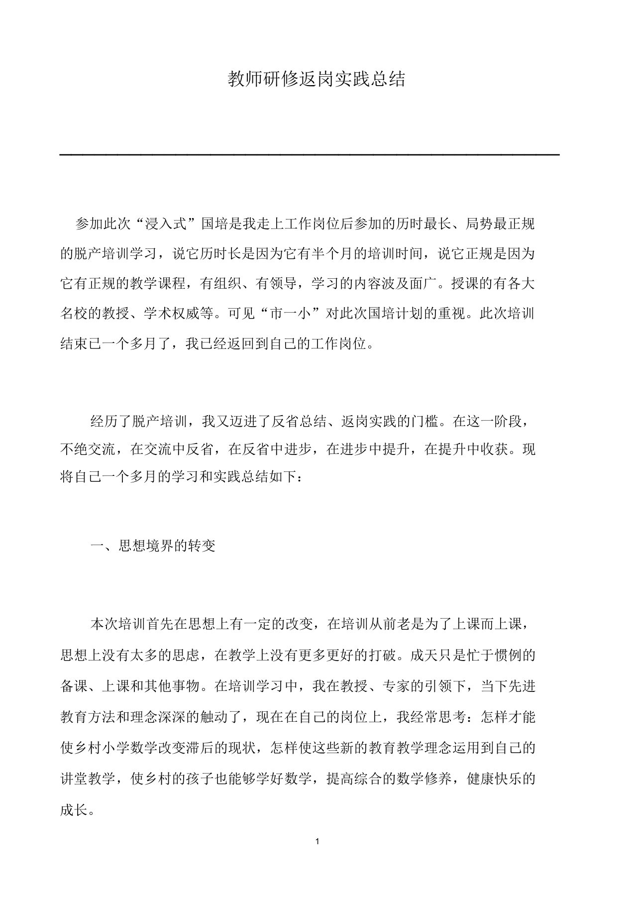 教师研修返岗实践总结计划