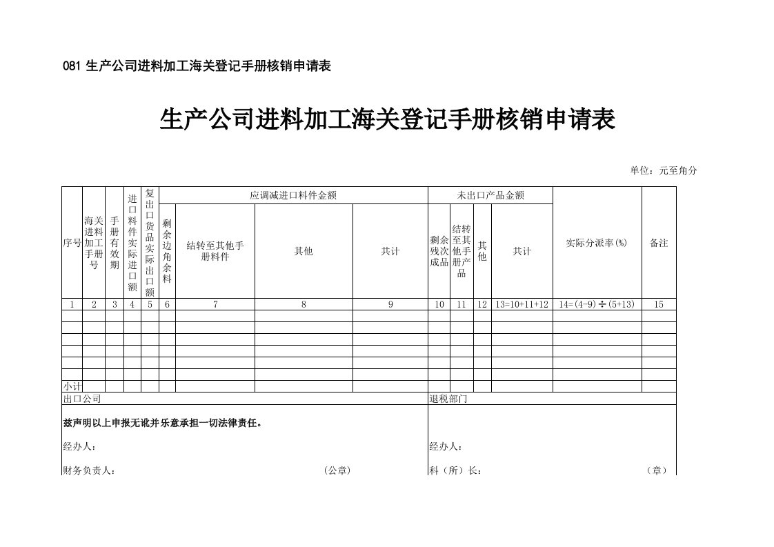 生产企业进料加工海关登记手册核销申请表样本