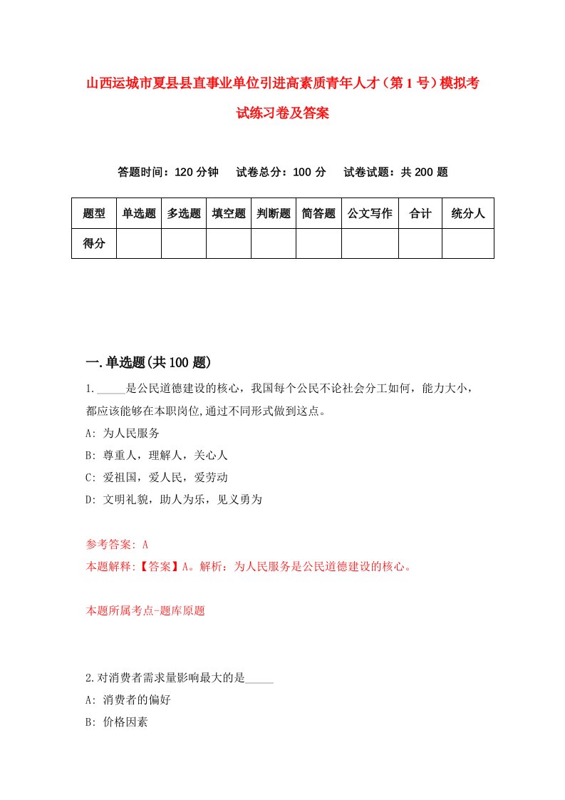 山西运城市夏县县直事业单位引进高素质青年人才第1号模拟考试练习卷及答案0