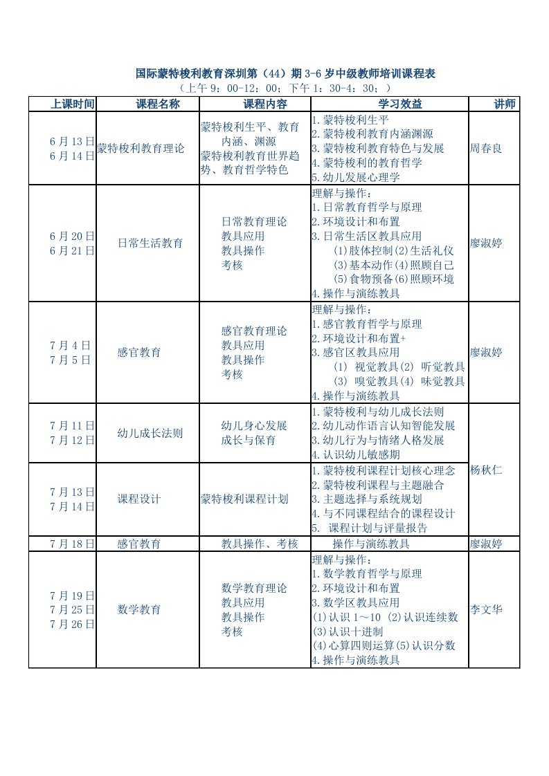 国际蒙特梭利教育中级教师培训课程表