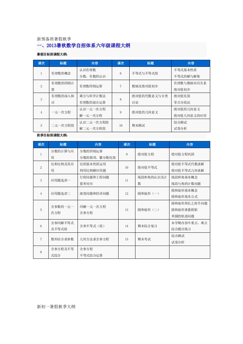 初中-高一数理化暑期教学大纲