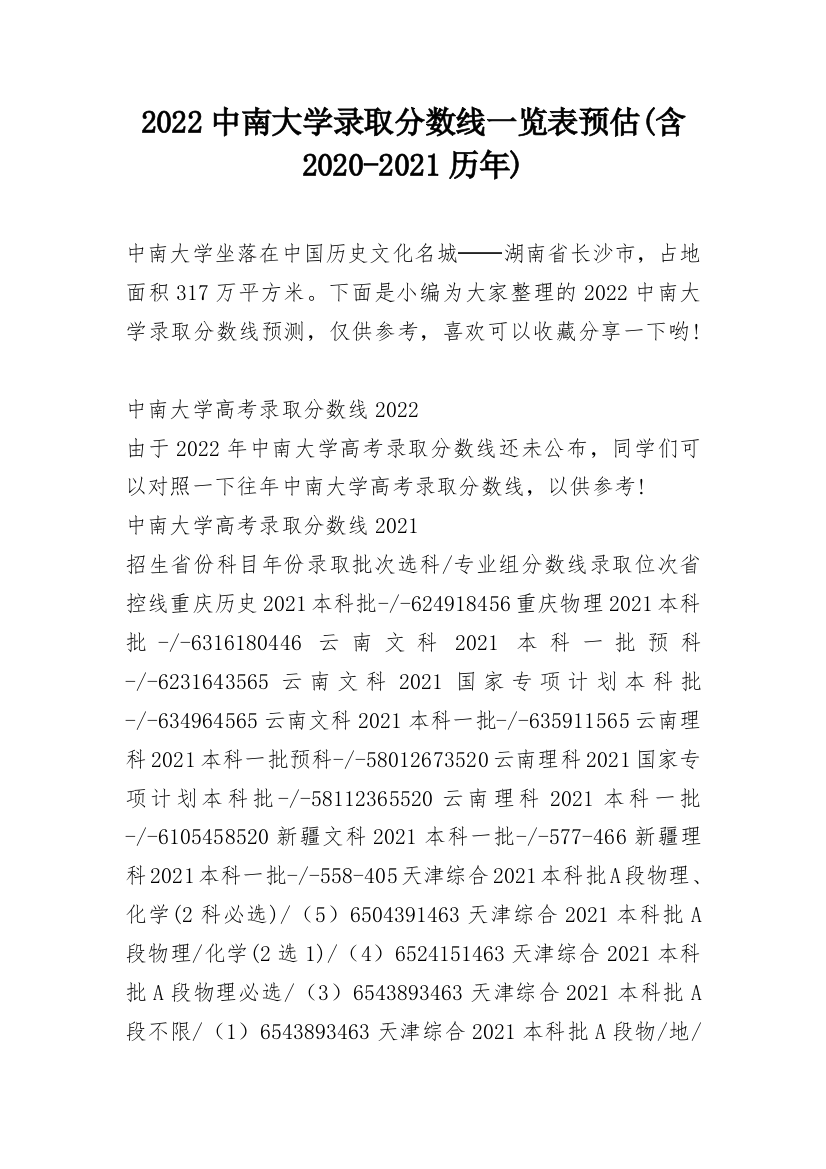 2022中南大学录取分数线一览表预估(含2020-2021历年)