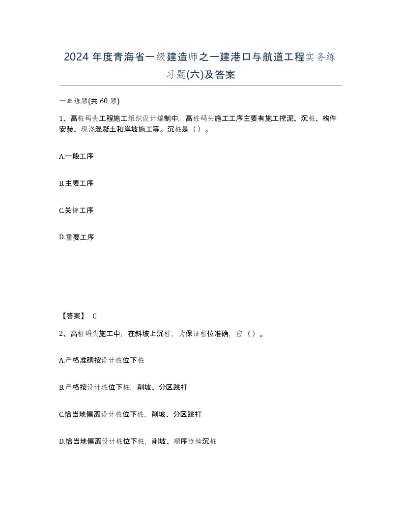 2024年度青海省一级建造师之一建港口与航道工程实务练习题六及答案