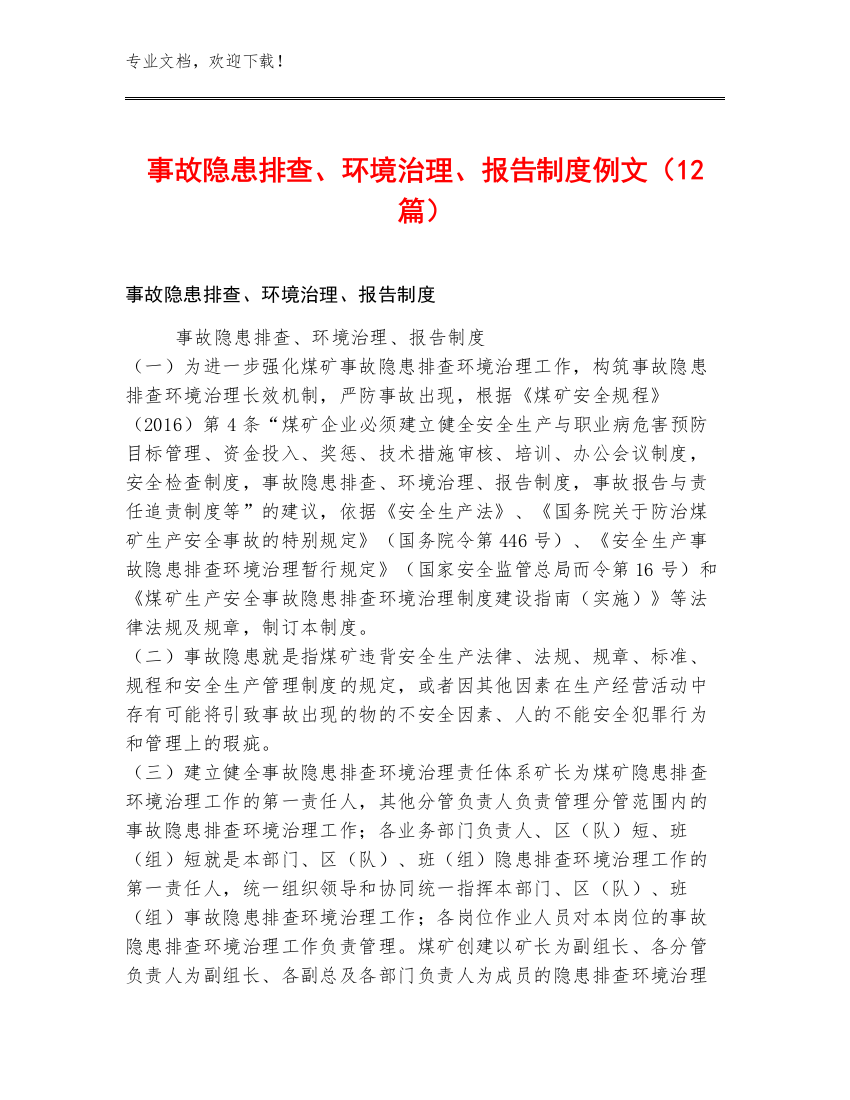 事故隐患排查、环境治理、报告制度例文（12篇）