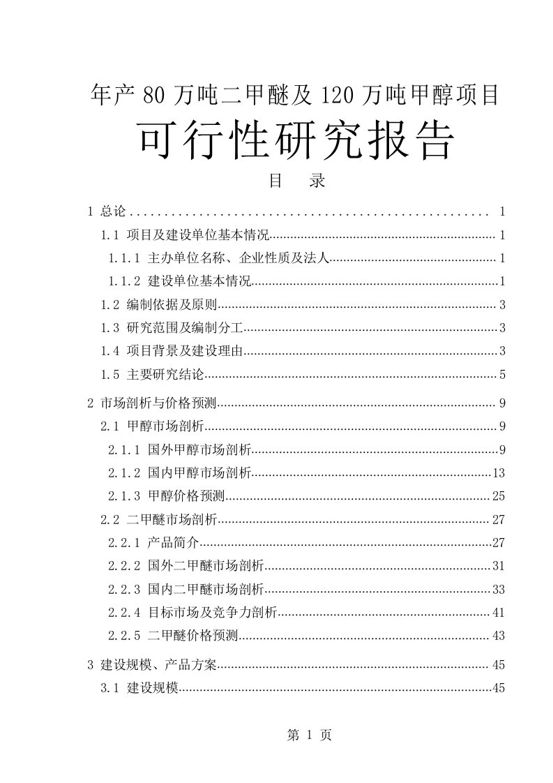 年产80万吨二甲醚及120万吨甲醇建设项目可行性研究报告