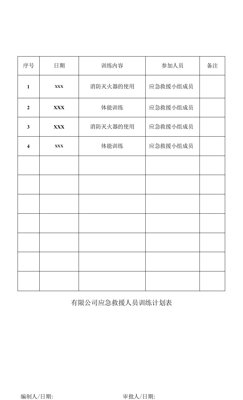 【安全员台账】应急救援人员训练计划表