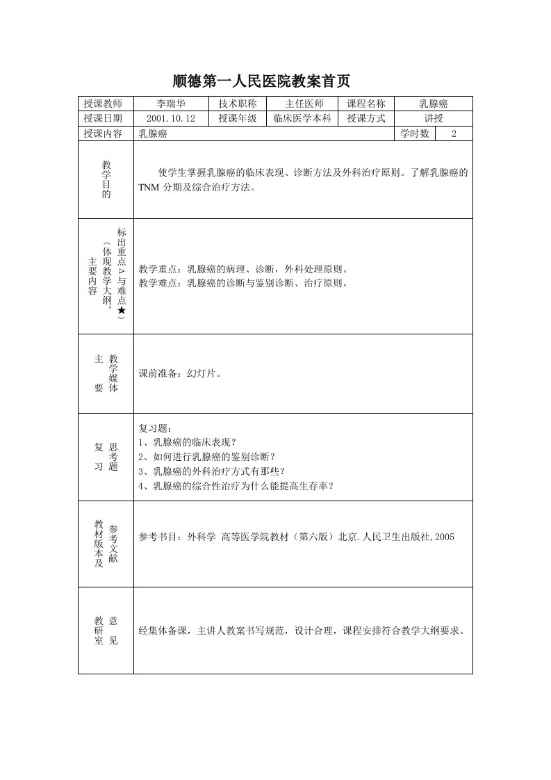 医院乳腺癌教案