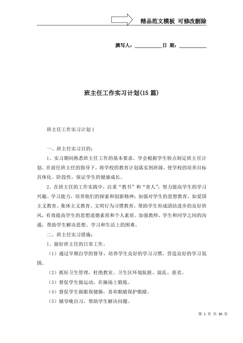 班主任工作实习计划15篇一