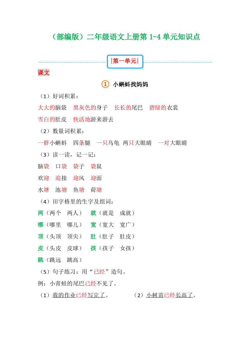 【小学精品】部编版二年级语文上册第1-4单元知识点(暑期必看