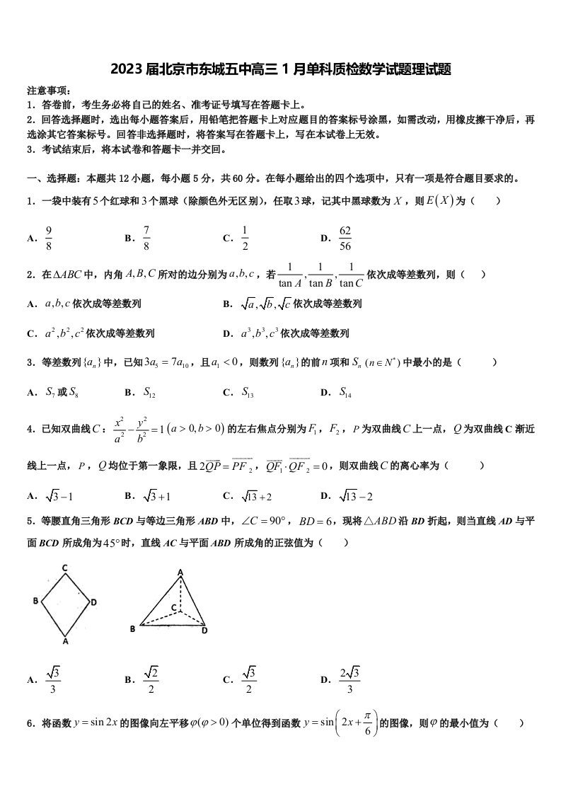 2023届北京市东城五中高三1月单科质检数学试题理试题含解析