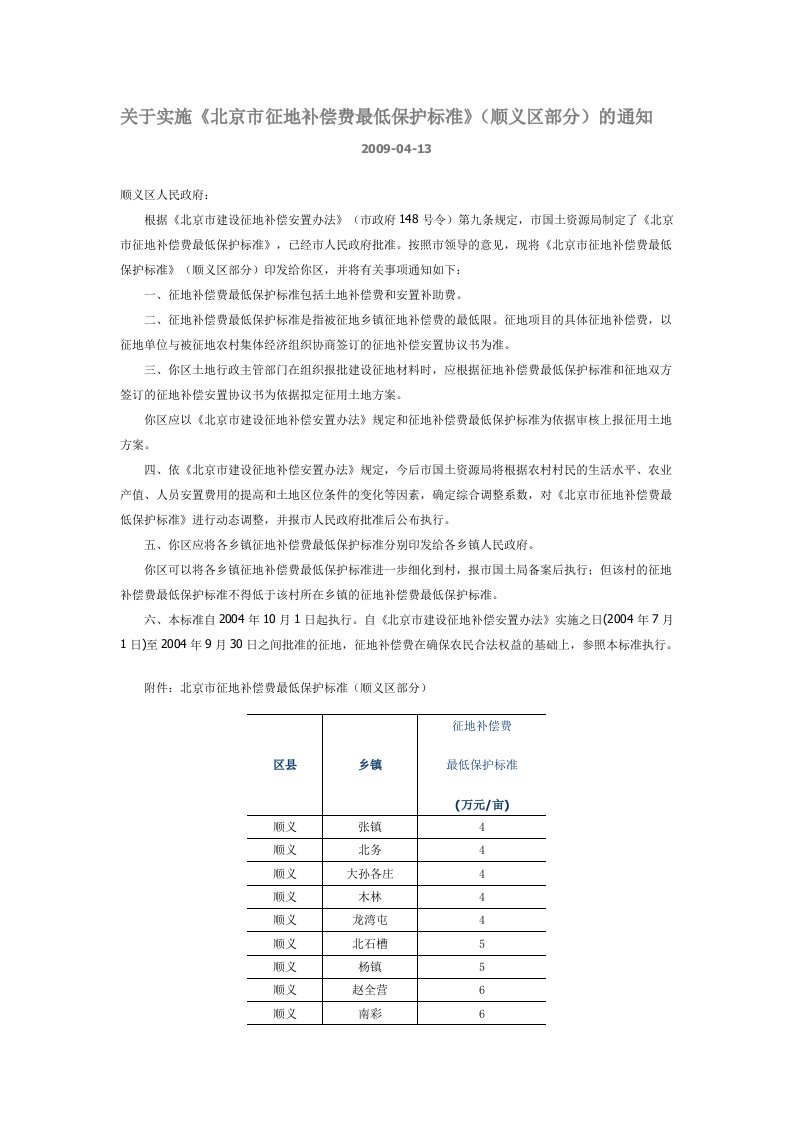 《北京市征地补偿费最低保护标准》(顺义区部分)