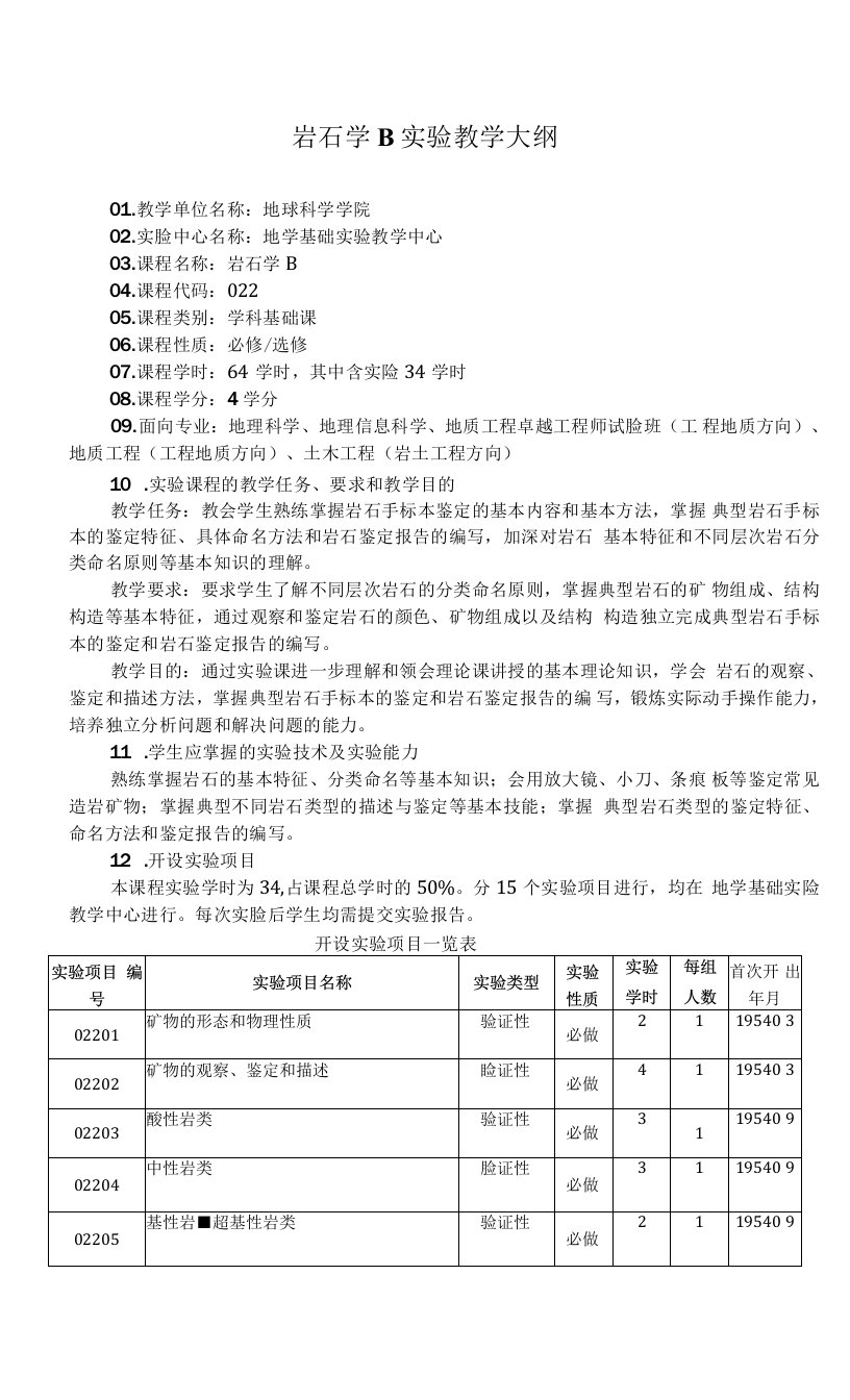 岩石学B实验教学大纲