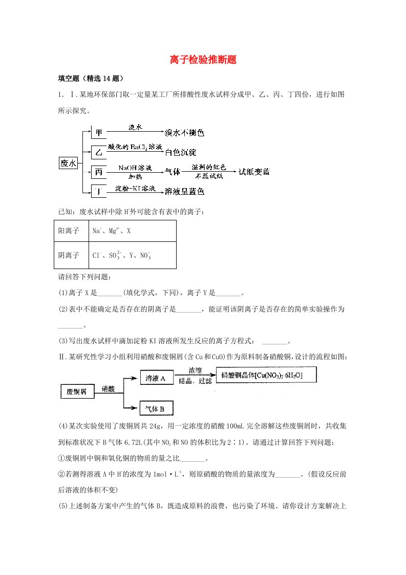 高三化学一轮复习实验专题强基练28离子检验推断题含解析