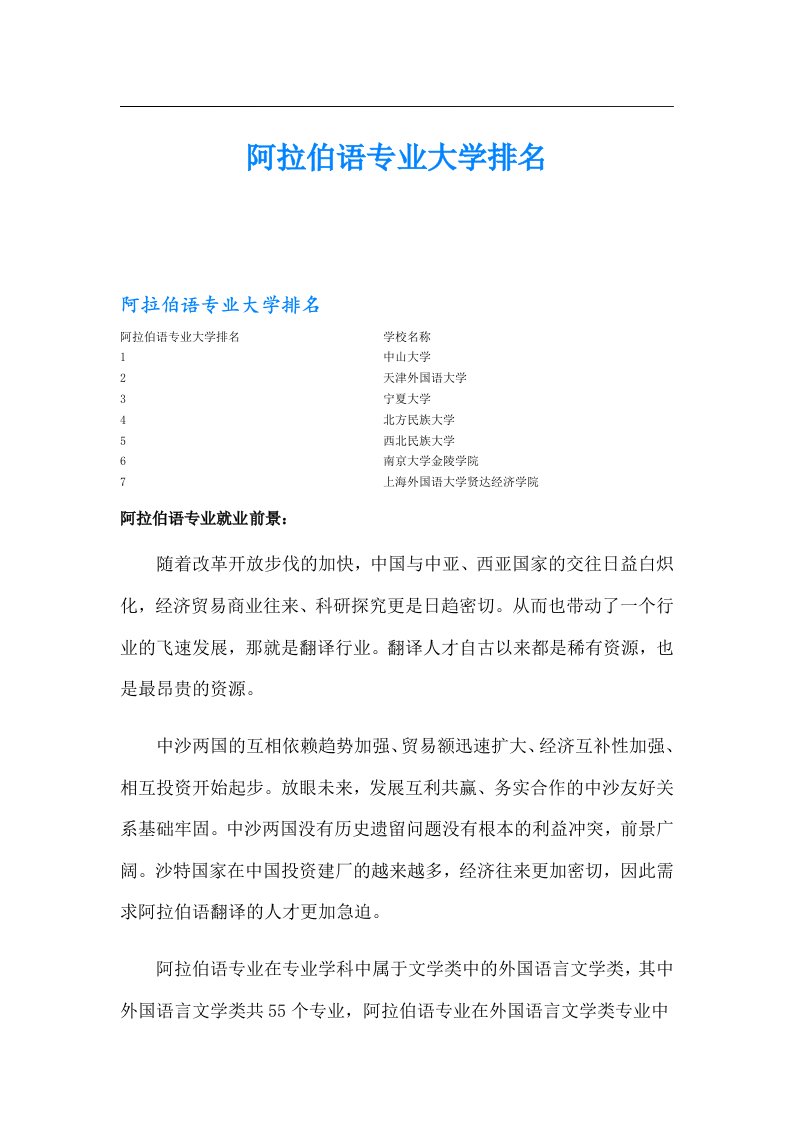 阿拉伯语专业大学排名