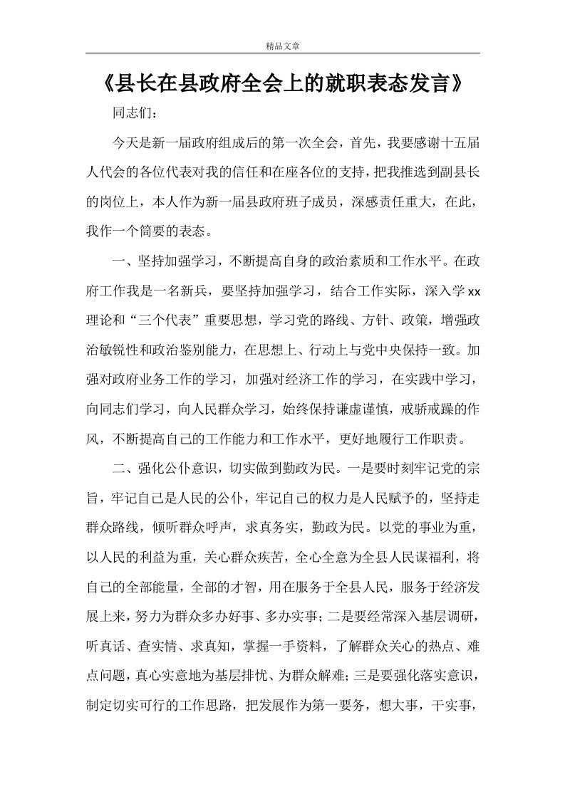 《县长在县政府全会上的就职表态发言》