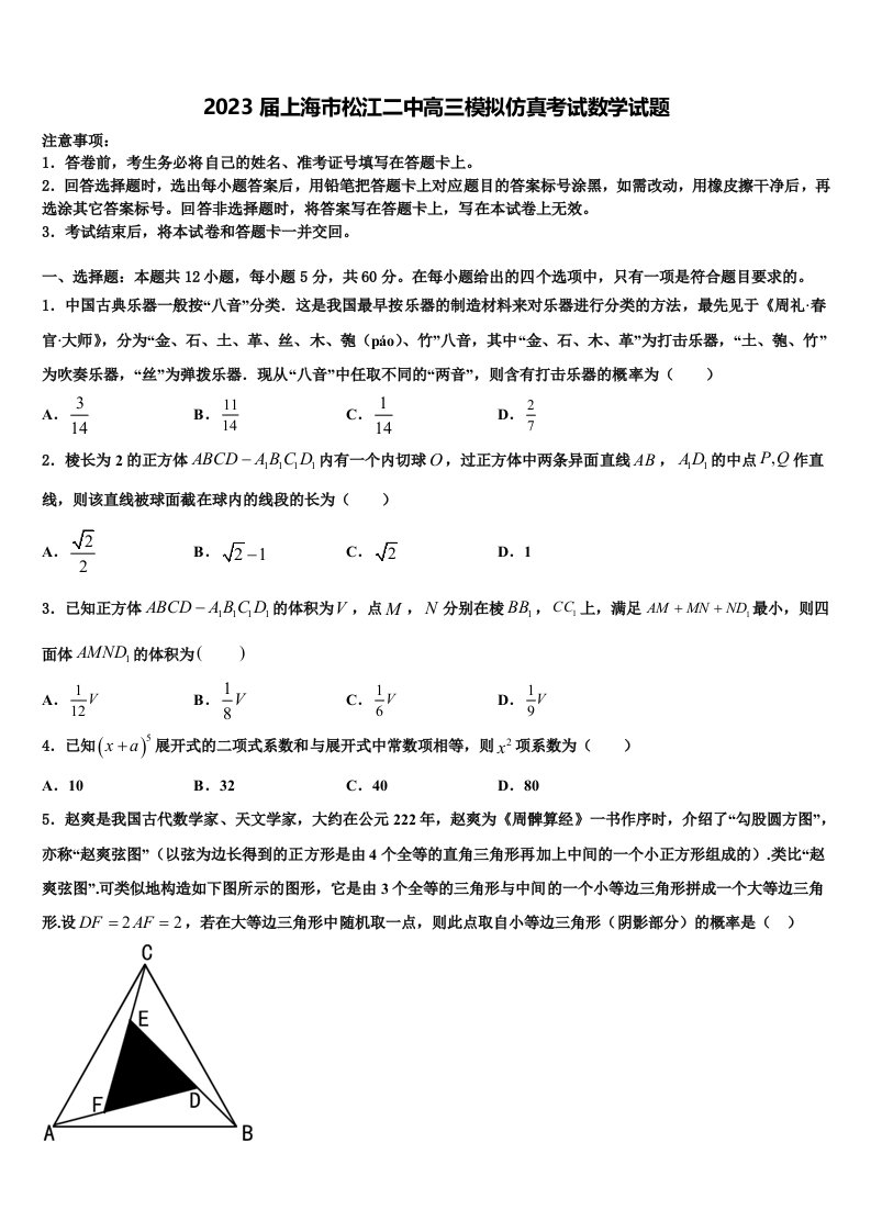 2023届上海市松江二中高三模拟仿真考试数学试题