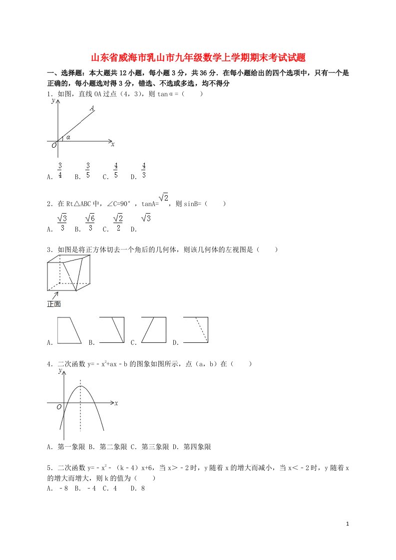 山东省威海市乳山市九级数学上学期期末考试试题（含解析）