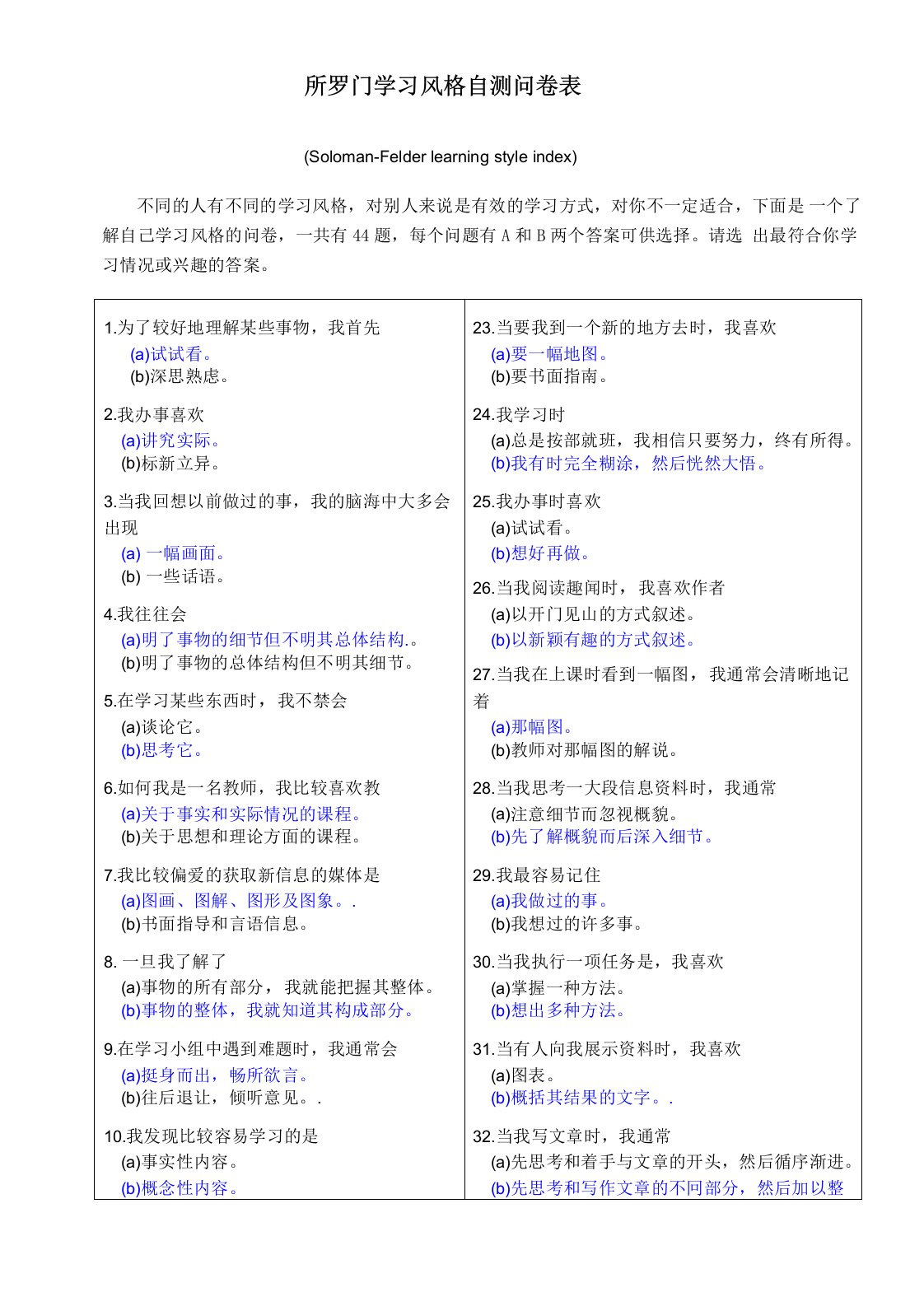 所罗门学习风格测试