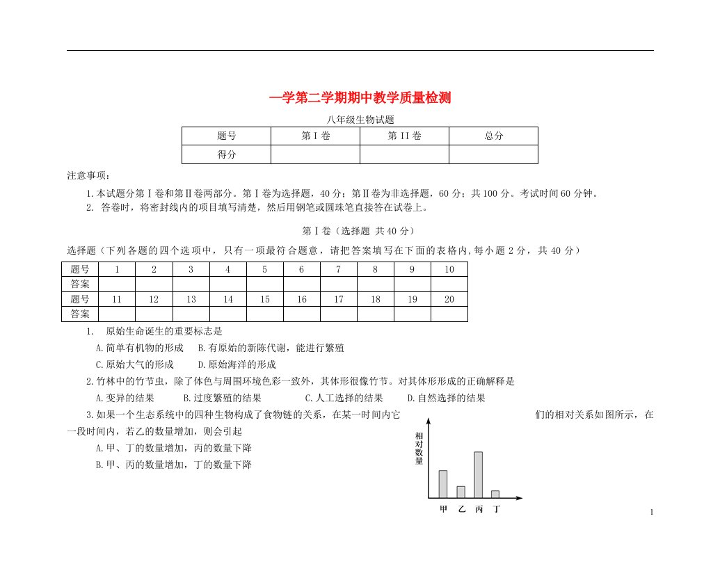 山东省汶上县实验中学八级生物下学期期中试题