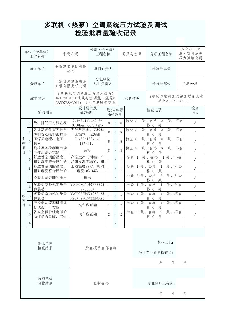 多联机(热泵)空调系统调试检验批质量验收记录