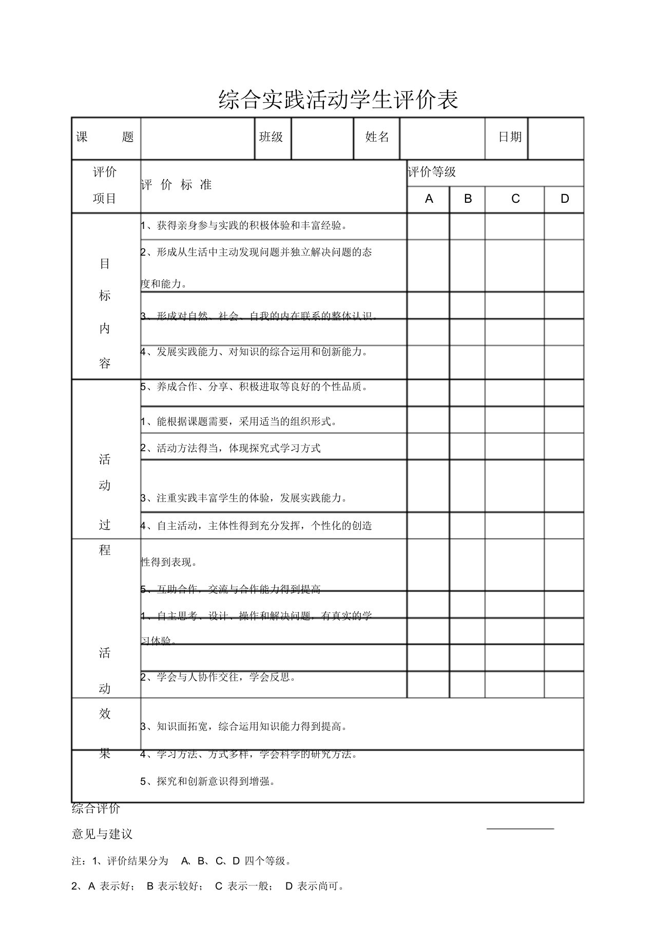 用综合实践活动学生评价表