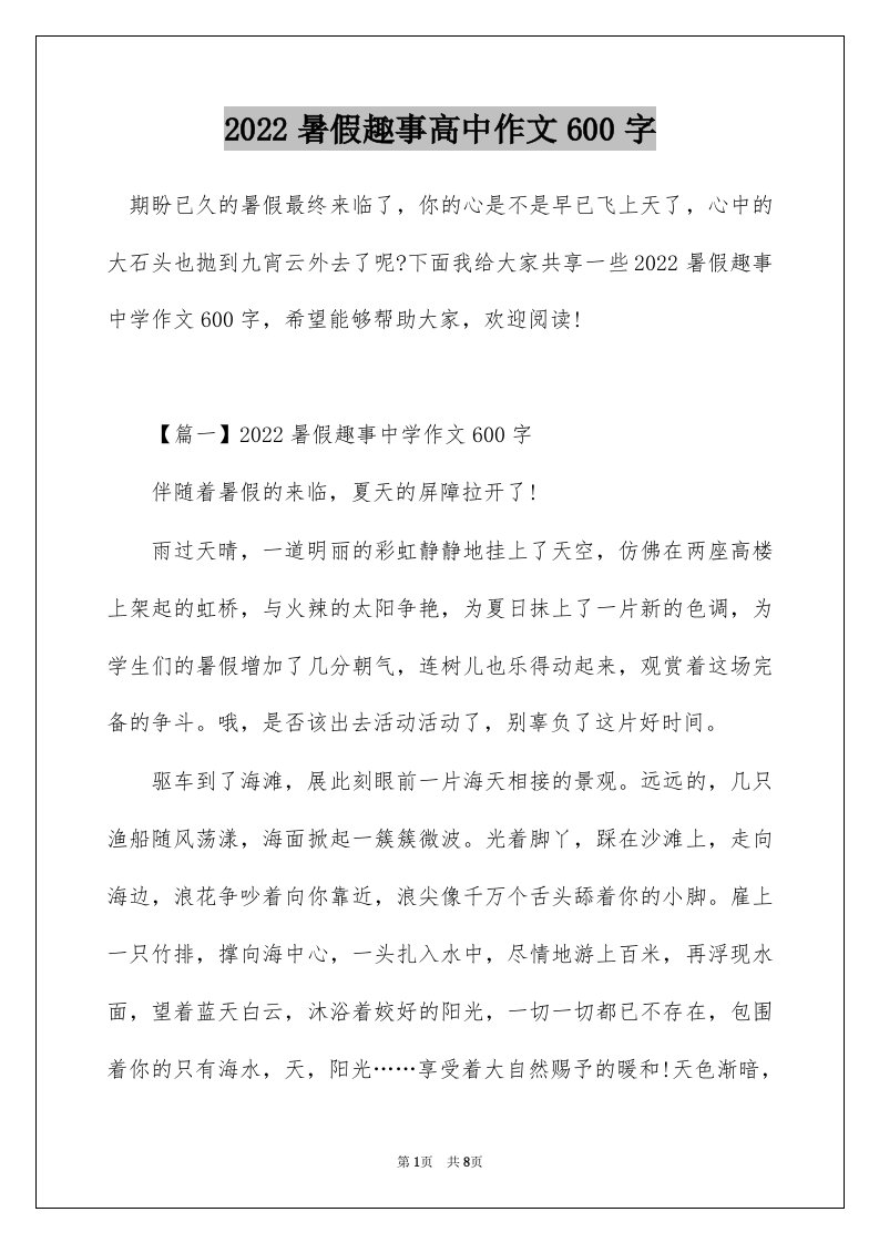 2022暑假趣事高中作文600字