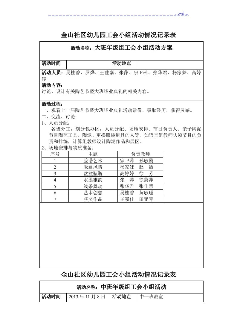 幼儿园工会小组活动情况记录表