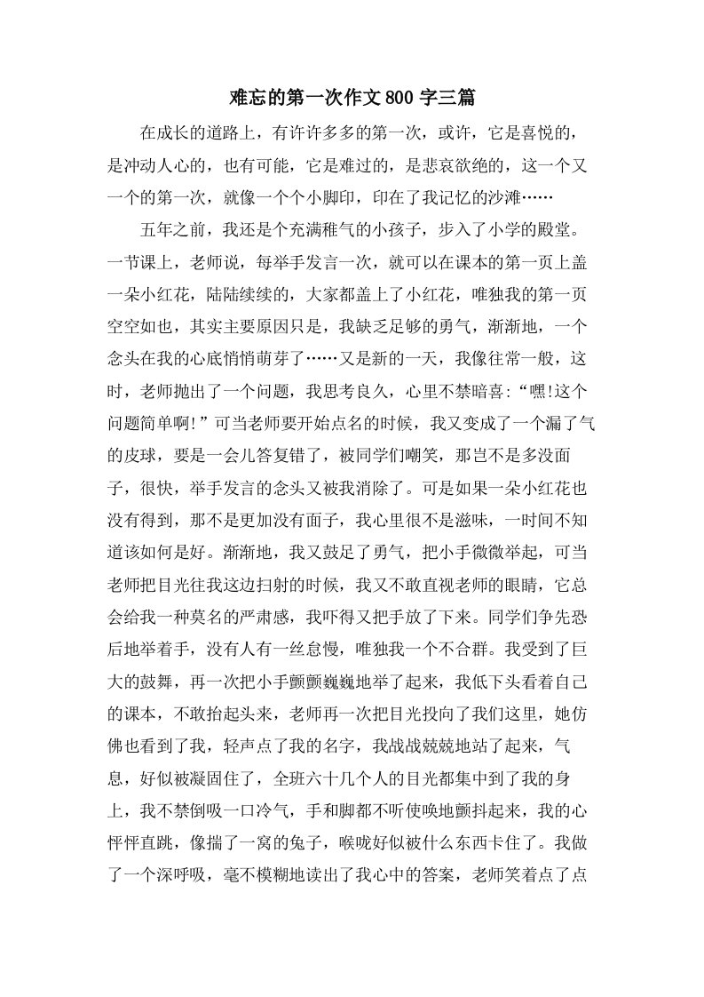 难忘的第一次作文800字三篇