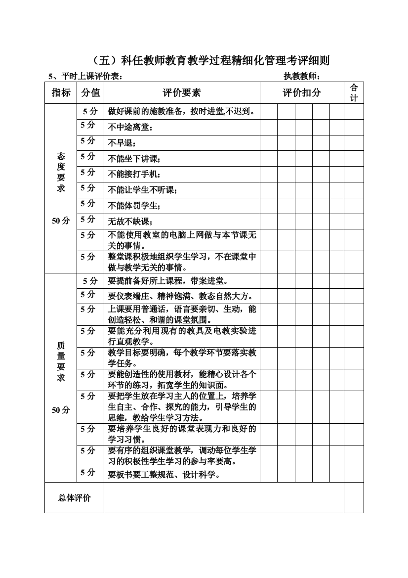 5、平时上课评价表