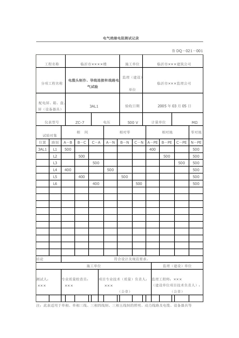 电气绝缘电阻测试记录范例