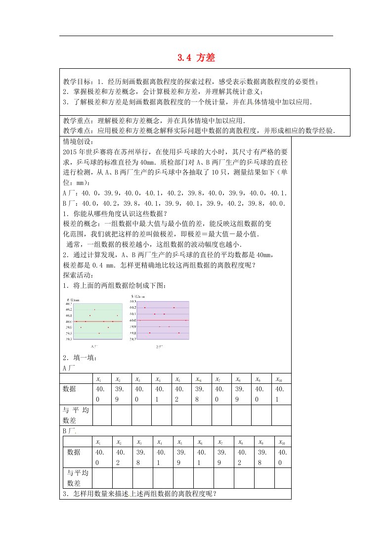 2017苏科版数学九年级上册3.4《方差》