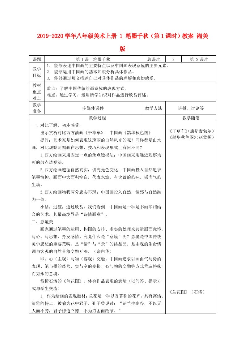 2019-2020学年八年级美术上册-1-笔墨千秋(第1课时)教案-湘美版